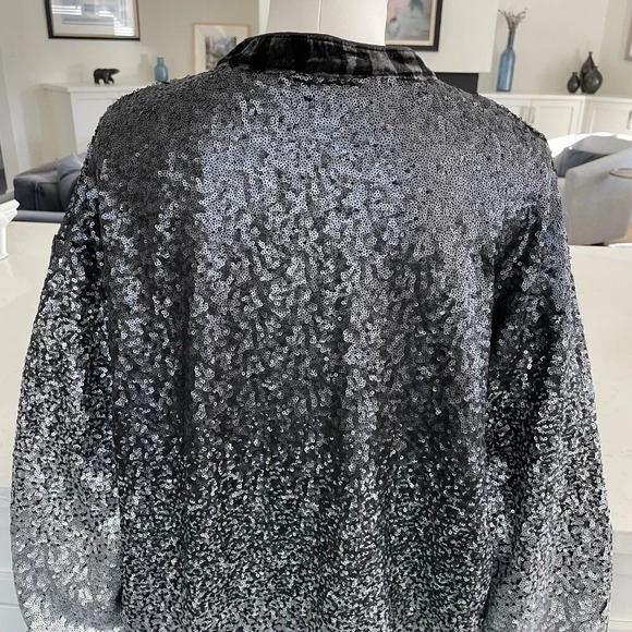 Johnny Was Bohemian Button Down Sequined Jacket Velvet Trim Blk Grey Silv Sz XL - Picture 7 of 14